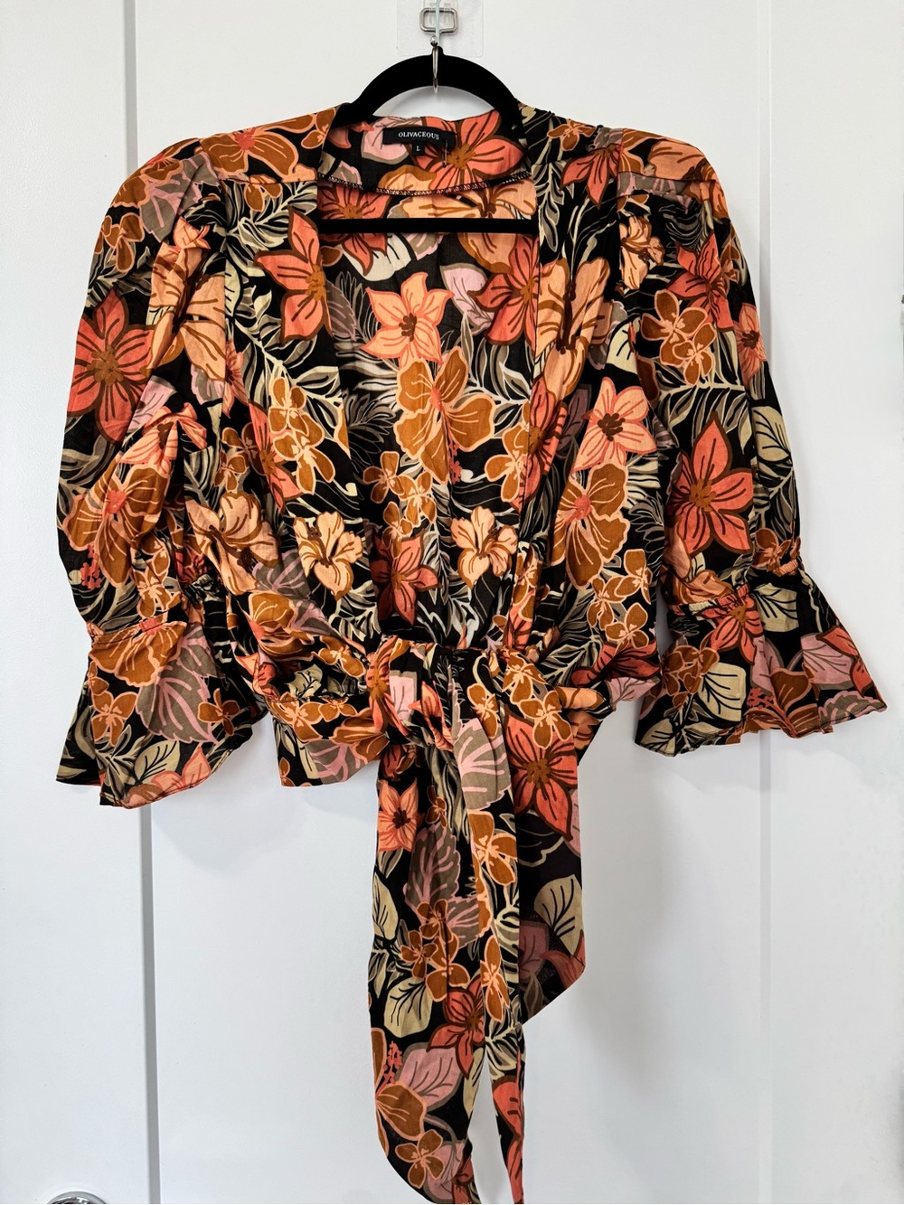 Olivaceous Floral Wrap Tie Waist Bell Sleeve Blouse Size L NWOT